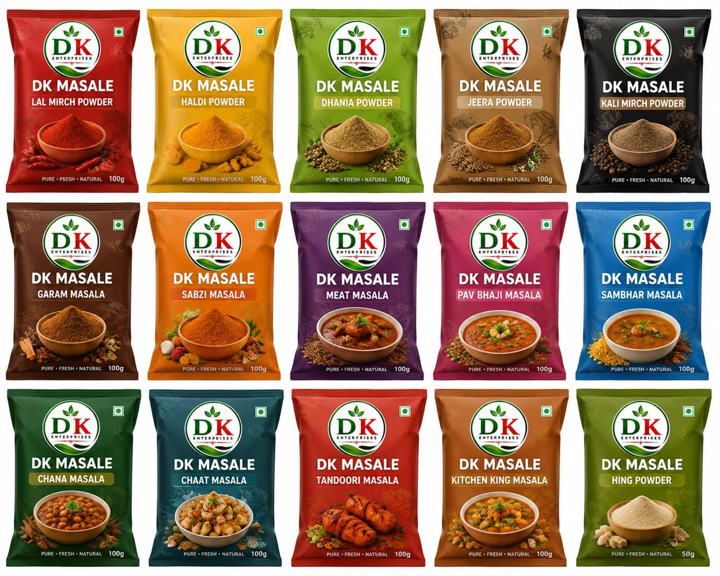Complete DK Masale product range with 15 packets